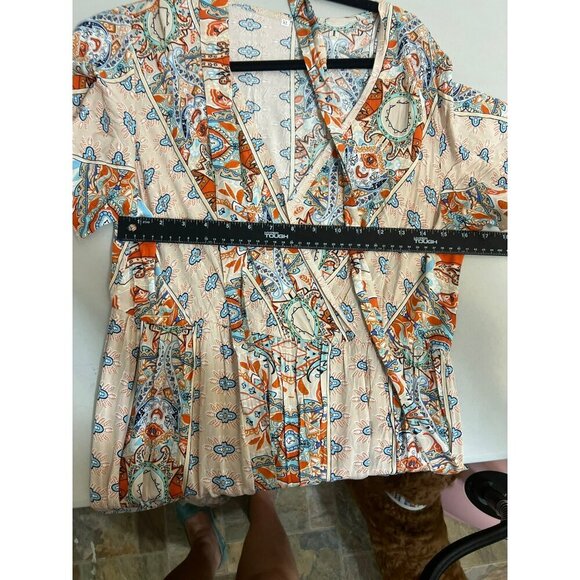 Women Orange Blue Maxi Dress With Belt Tie Sz XL Flutter Sleeves Pullover - Picture 7 of 7